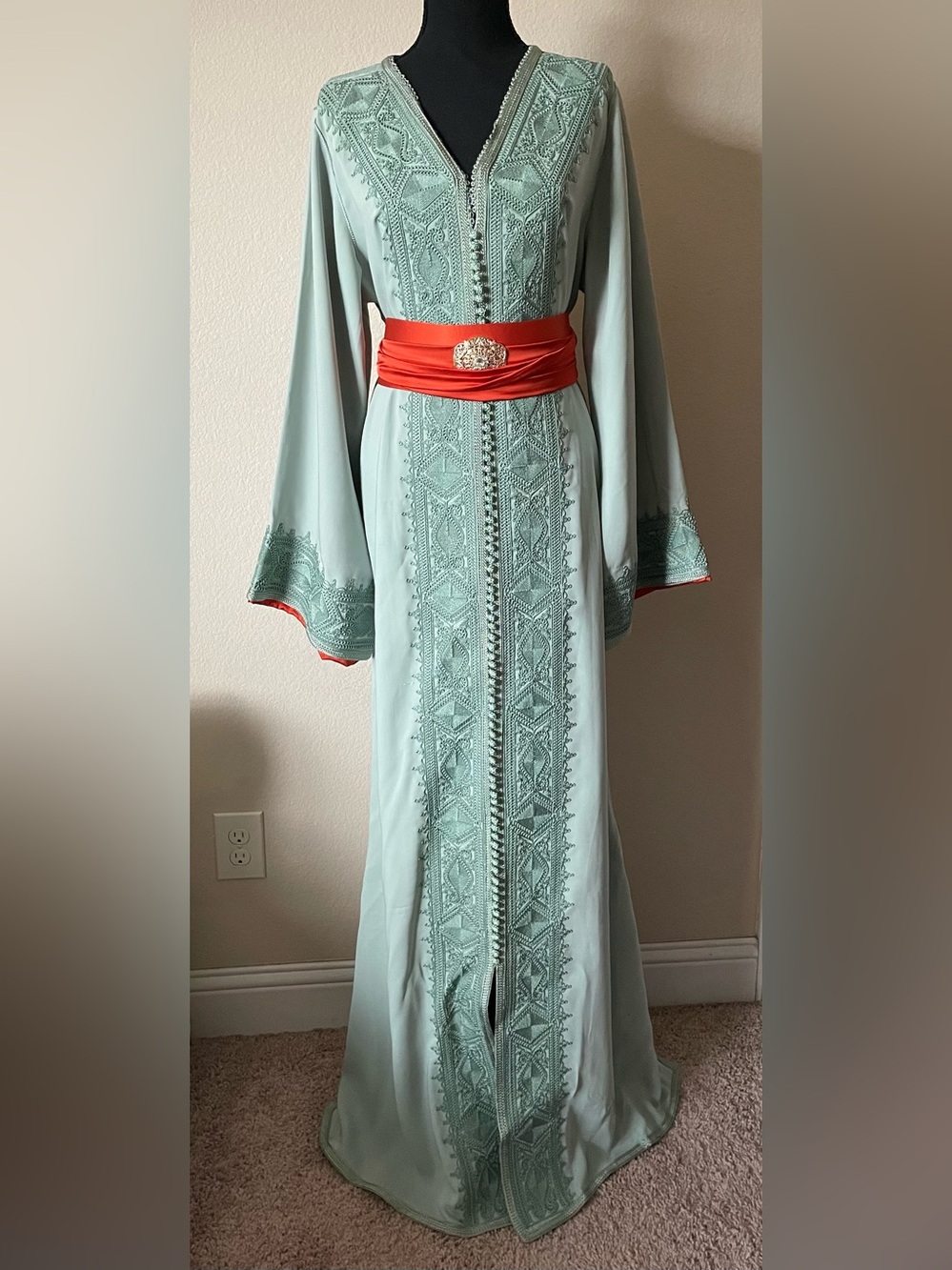 Elegant Mint Embroidered Moroccan kaftan caftan Dress with orange Sash size M